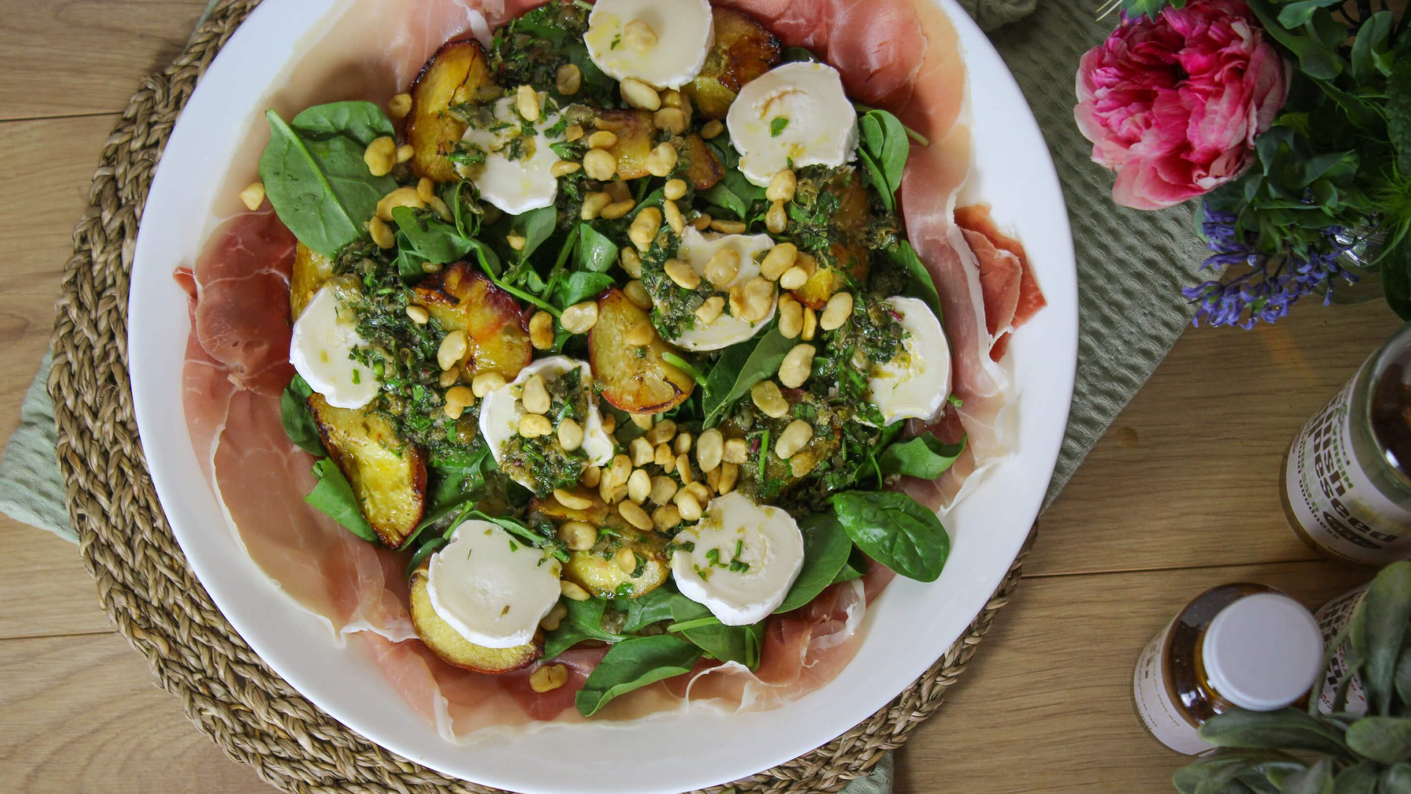 Roasted Peach Salad with Parma Ham and Goats Cheese